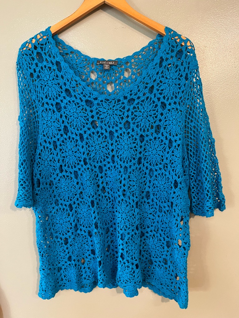 Blue Crochet Floral Knit Top By Roz & Ali Womens Y2k Style Festival 2x